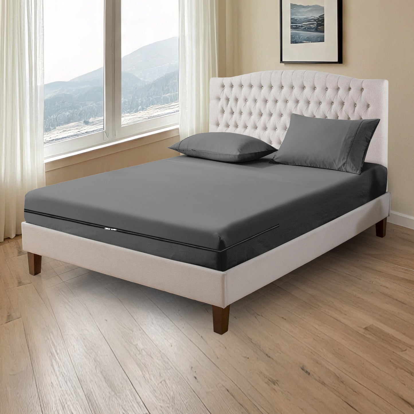 800TC 100% Organic Cotton 3pc Zipper Fitted Sheet 8" Deep Pocket ( 1 Fitted & 2 Pillowcases )