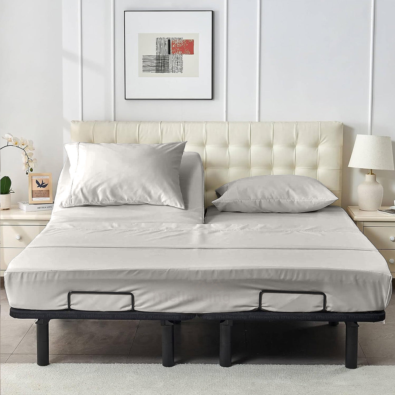 800TC 100% Organic Cotton 4pc Split Head Flex Sheet Set -18"" Deep Pocket ( 1 Fitted , 1 Flat & 4 Pillowcases )