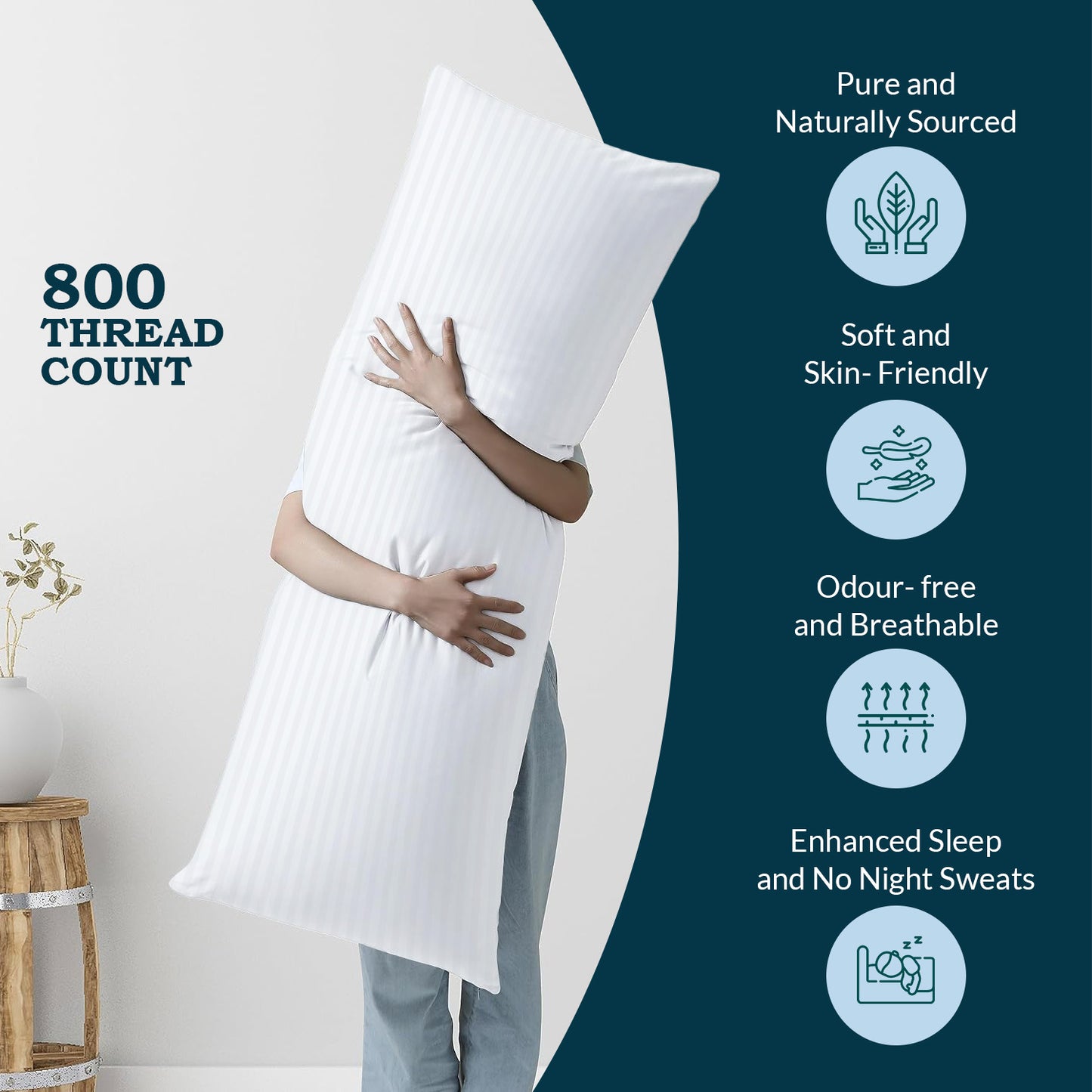 800TC 100% Organic Cotton 1pc Body Pillow Cases Zipper Closure