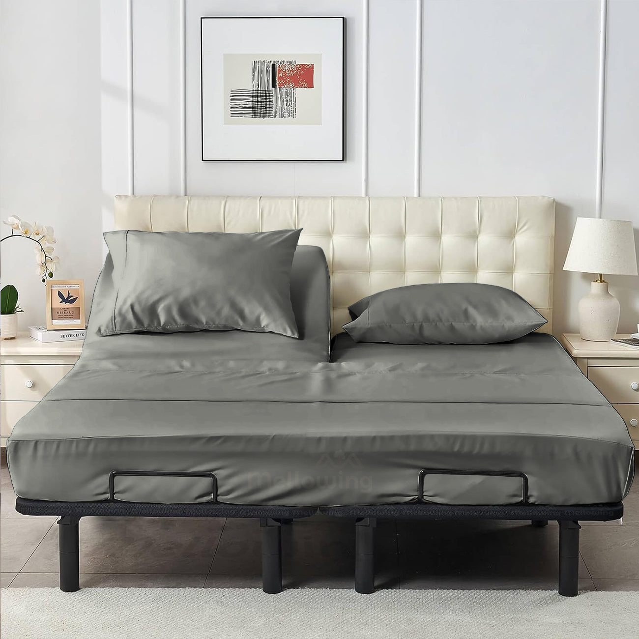800TC 100% Organic Cotton 4pc Split Head Flex Sheet Set -18"" Deep Pocket ( 1 Fitted , 1 Flat & 4 Pillowcases )