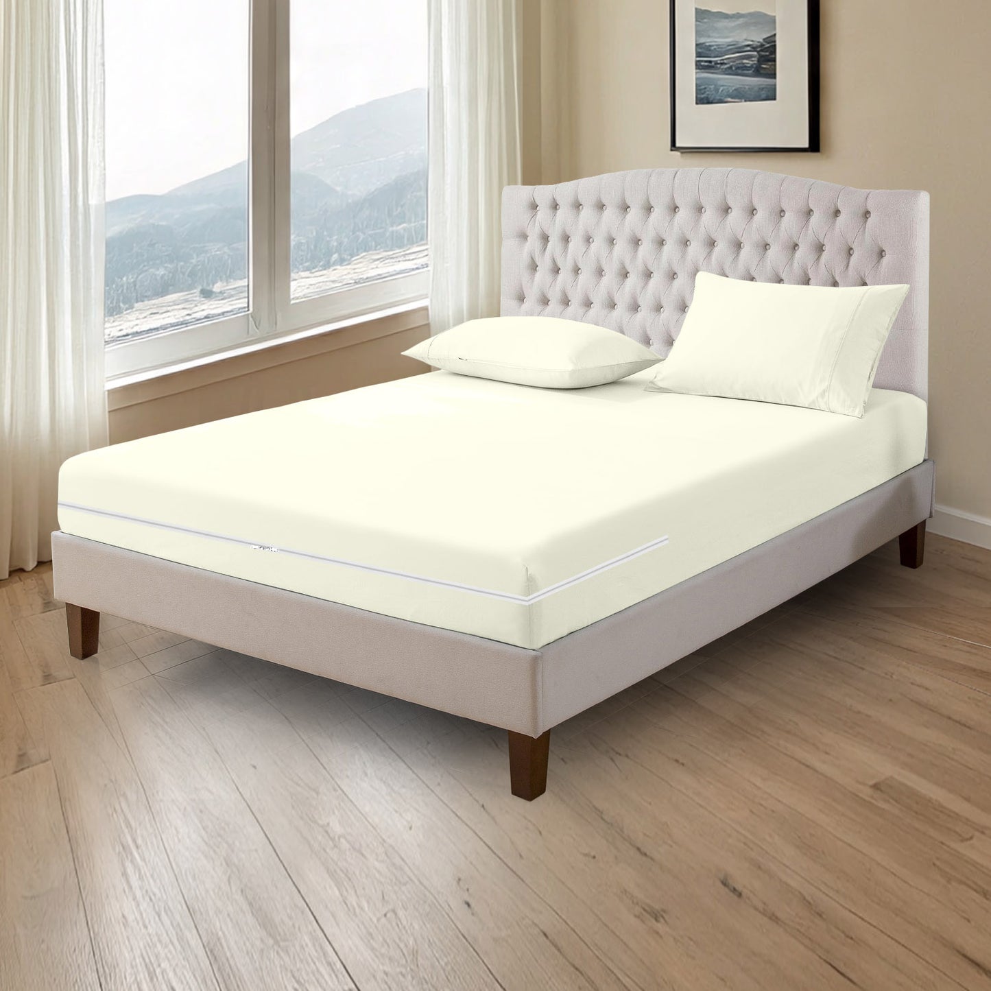 800TC 100% Organic Cotton 3pc Zipper Fitted Sheet 8" Deep Pocket ( 1 Fitted & 2 Pillowcases )