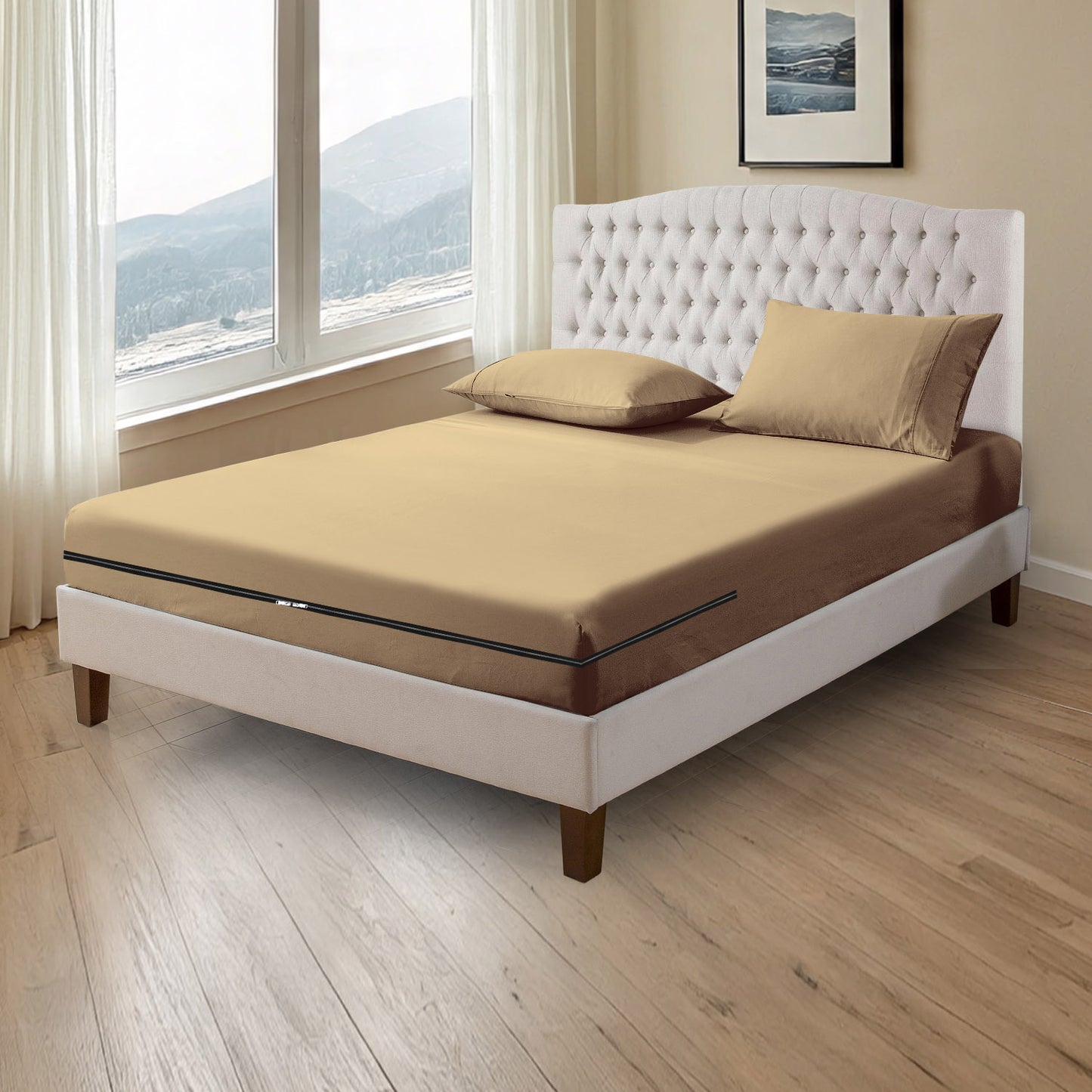 800TC 100% Organic Cotton 3pc Zipper Fitted Sheet 8" Deep Pocket ( 1 Fitted & 2 Pillowcases )