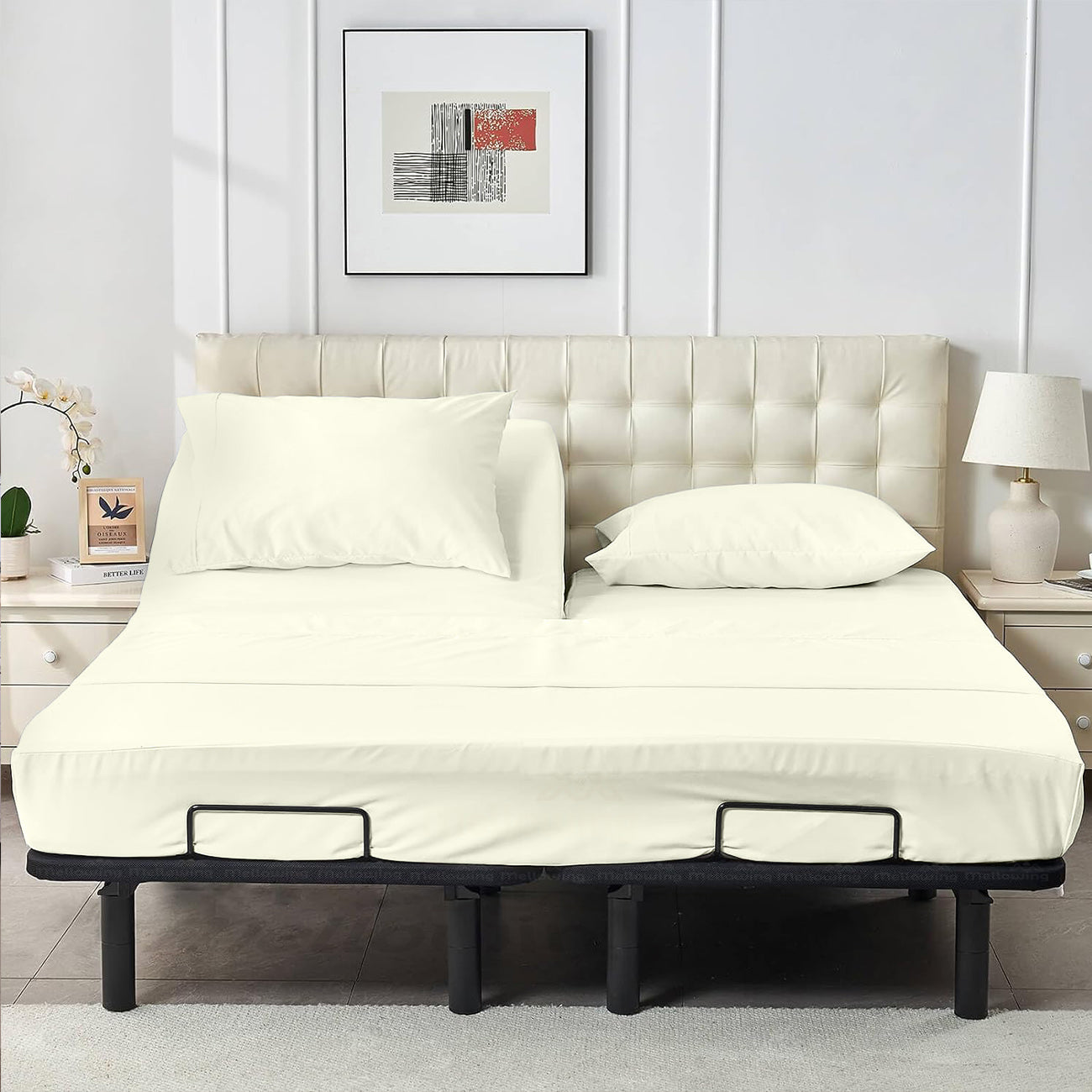 800TC 100% Organic Cotton 4pc Split Head Flex Sheet Set -18"" Deep Pocket ( 1 Fitted , 1 Flat & 4 Pillowcases )
